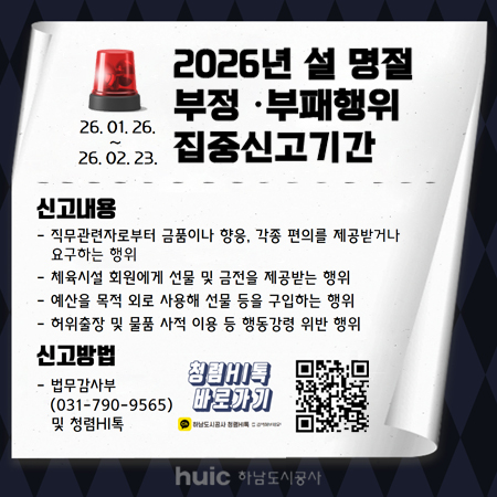 2026년 설 명절 부정·부패행위 집중신고기간
26.01. 26. ~ 26. 02. 23.
신고내용
- 직무관련자로부터 금품이나 향응, 각종 편의를 제공받거나 요구하는 행위
- 체육시설 회원에게 선물 및 금전을 제공받는 행위
- 예산을 목적 외로 사용해 선물 등을 구입하는 행위
- 허위출장 및 물품 사적 이용 등 행동강령 위반 행위
신고방법
- 법무감사부(031-790-9565) 및 청렴HI톡
청렴HI 바로가기
하남도시공사 청렴HI QR코드 스캔 (http://pf.kakao.com/_lxheWG/friend?from=qr)